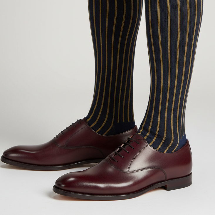 Calze lunghe uomo Gallo - Fantasia righe - Oltremare/oro twin rib spaziata