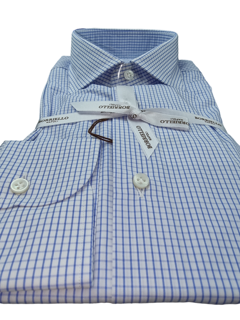 Camicia uomo Borriello Napoli - Collo francese - bianco quadretti celesti