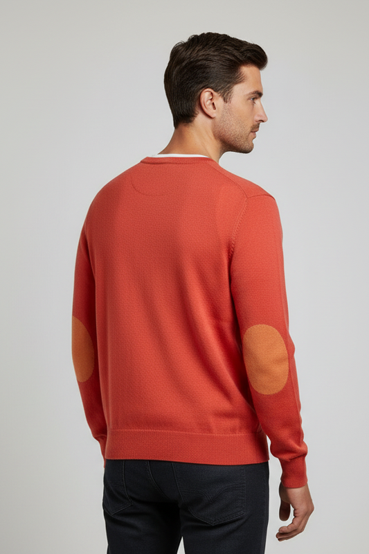Maglia uomo Invicta scollo a V corallo - dettaglio collo e toppe - Made in Italy