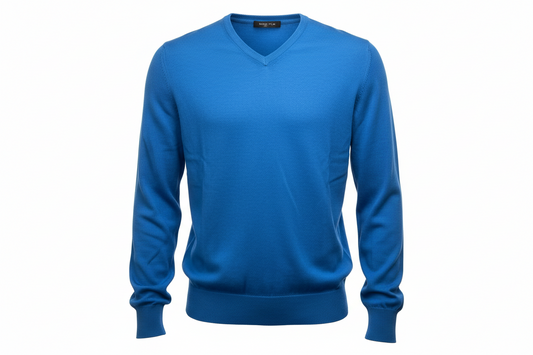 Maglia uomo Laboratori Italiani scollo a V blu royal - dettaglio collo - Made in Italy