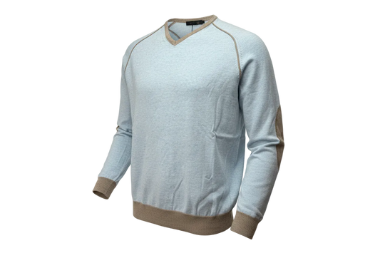 Maglia uomo Laboratori Italiani scollo a V celeste - dettaglio collo in contrasto - Made in Italy
