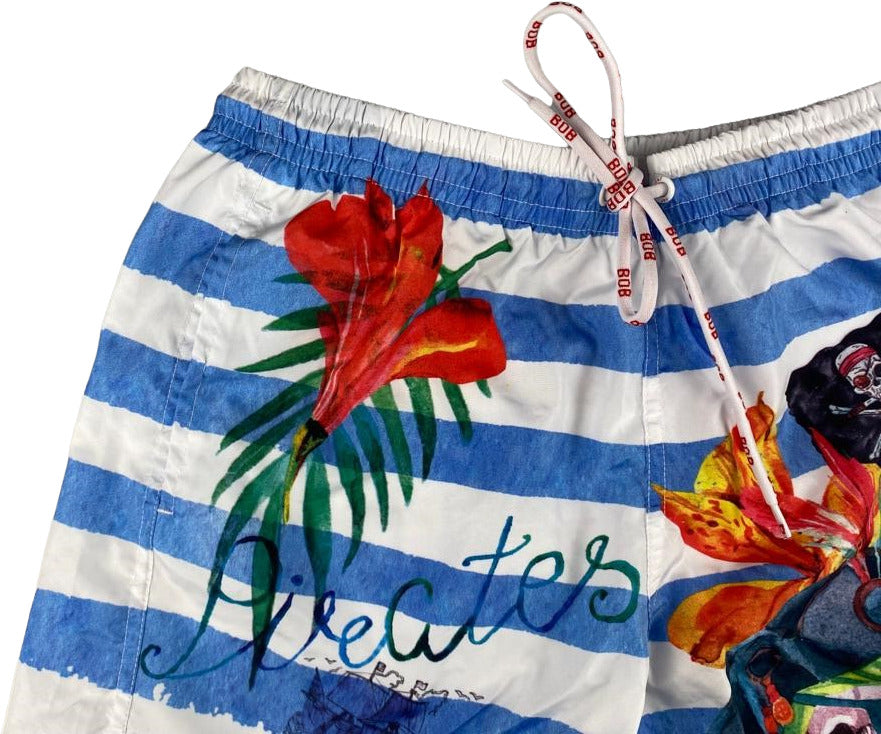 Boxer mare uomo Bob Company con fantasia righe e disegni azzurro e bianco, ideale per sport acquatici e nuoto.