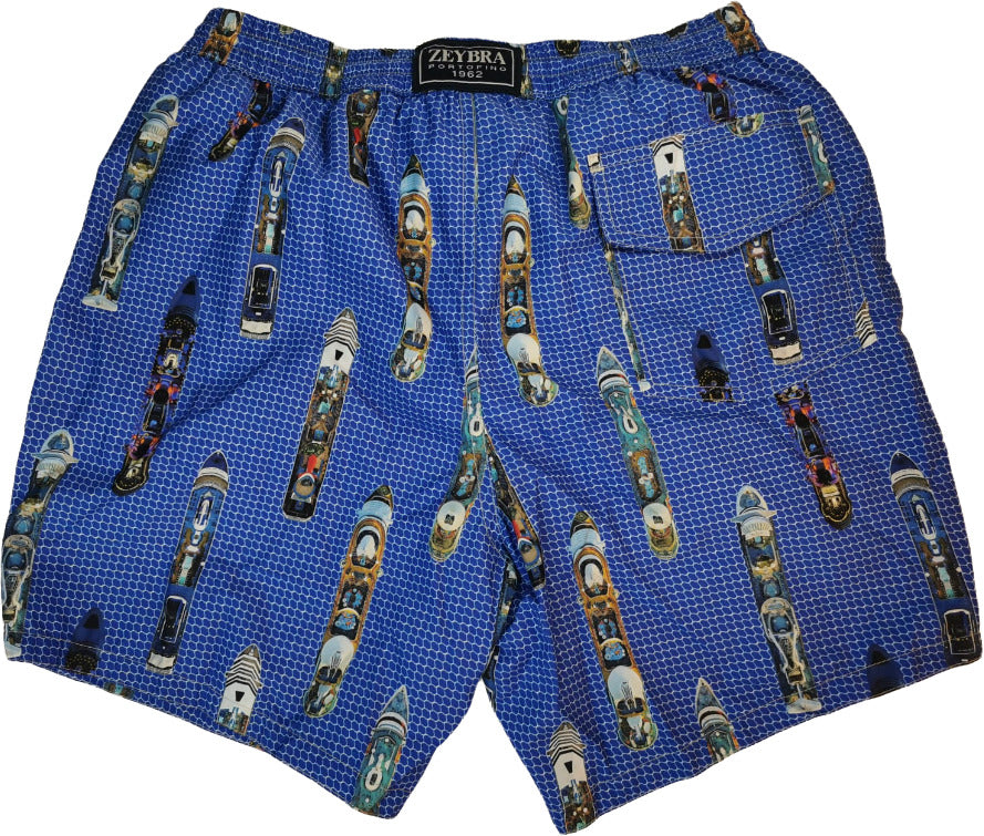 Boxer mare uomo Zeybra Portofino 1962 con fantasia navi, colore blu elettrico, ideale per sport acquatici e nuoto.