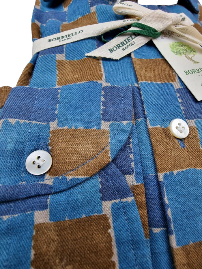 Borriello Napoli Men's Shirt - Checked Pattern - Blue/Brown