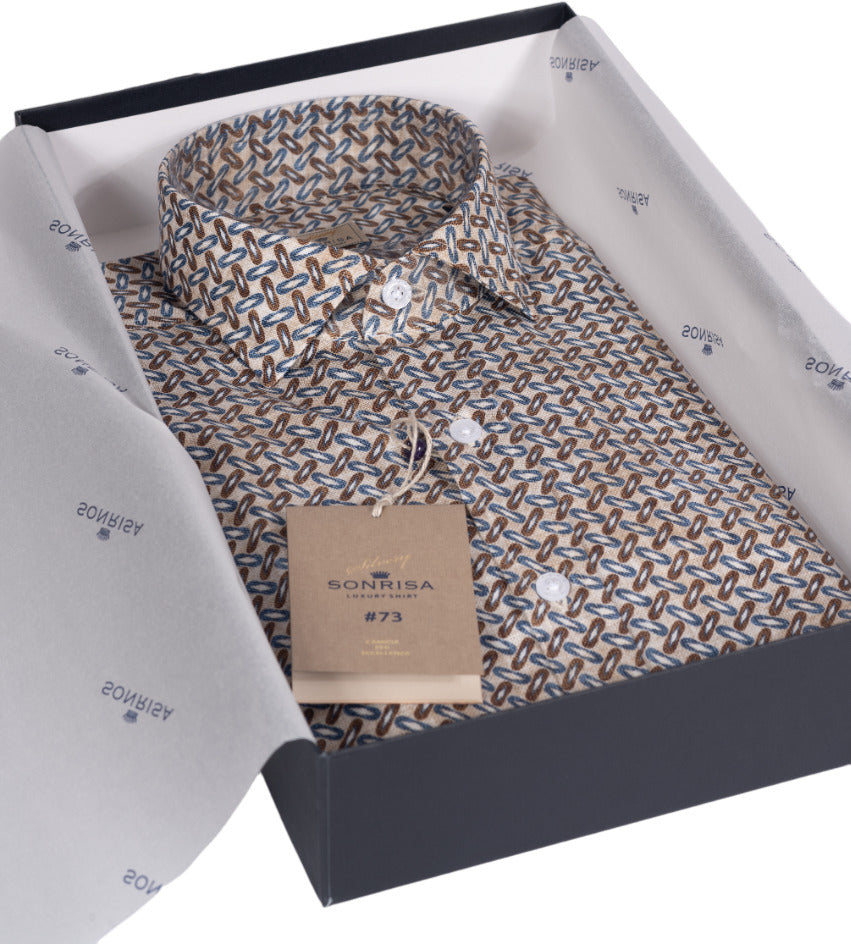Sonrisa Men's Shirt - Pattern - French Collar - Brown/Light Blue/Beige