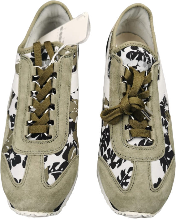 Sneaker donna Diadora Heritage Equipe HH Socks Flower in bianco, verde e nero, con design casual e dettagli floreali.