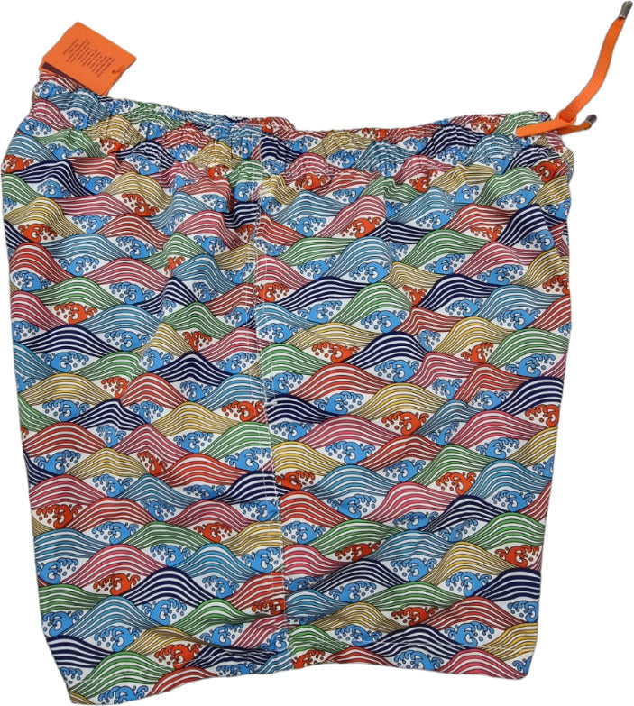 Boxer mare uomo Gallo fantasia onde blu multicolor, pantaloncini da mare made in Italy, abbigliamento uomo mare e piscina