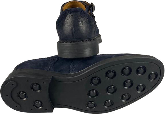 Scarpa uomo Monk Strap Manifatture Etrusche con doppia fibbia in colore Navy, stile moda uomo, dettaglio elegante e di qualità