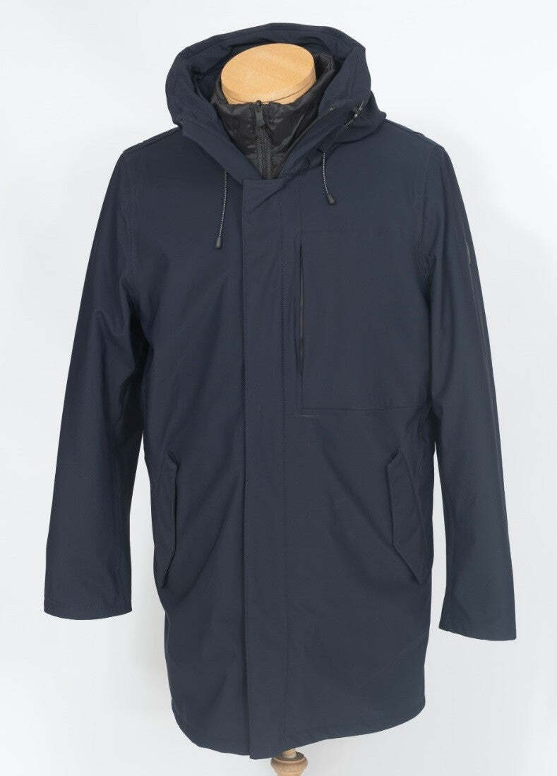 Giaccone uomo con cappuccio People of Shibuya in colore blu, moda uomo, abbigliamento giacche e cappotti.