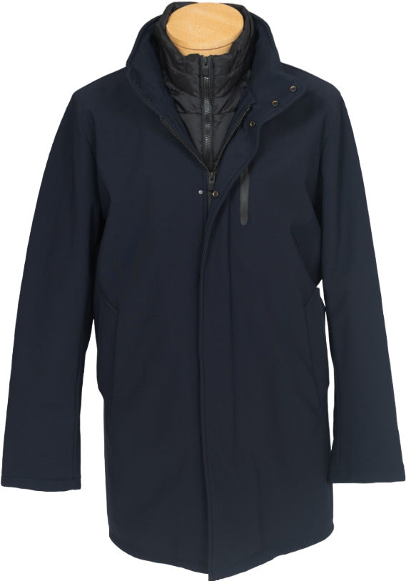 Giubbotto impermeabile uomo con cappuccio People of Shibuya, colore blu scuro, 3/4, casual e resistente.