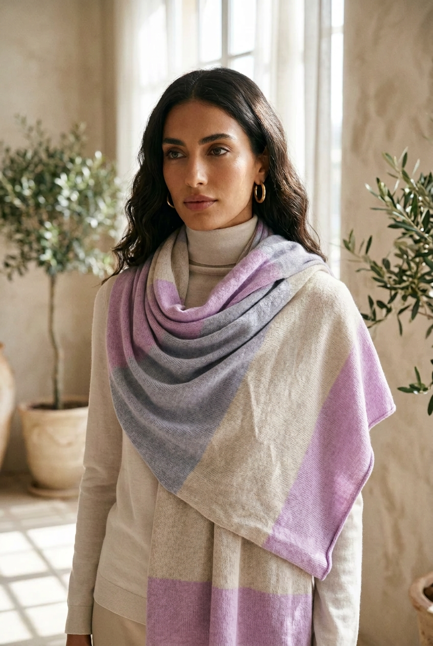 Sciarpa donna Riviera in puro cashmere lilla/beige/corda/azzurro