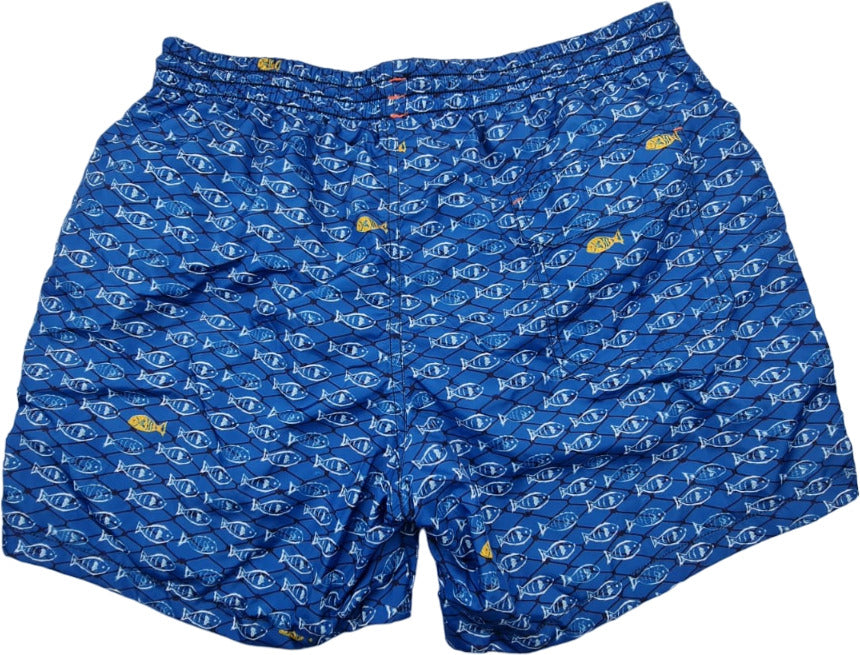 Boxer mare uomo Zeybra Portofino 1962 con fantasia pesci blu, doppio volto, in tessuto italiano, perfetto per mare e piscina