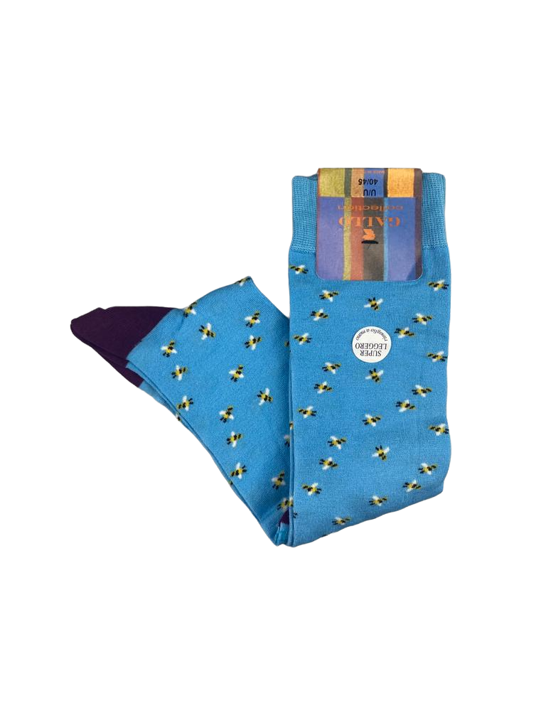 Calze Lunghe Uomo Gallo Fantasia Api Azzurro Viola - Cotone Superleggero
