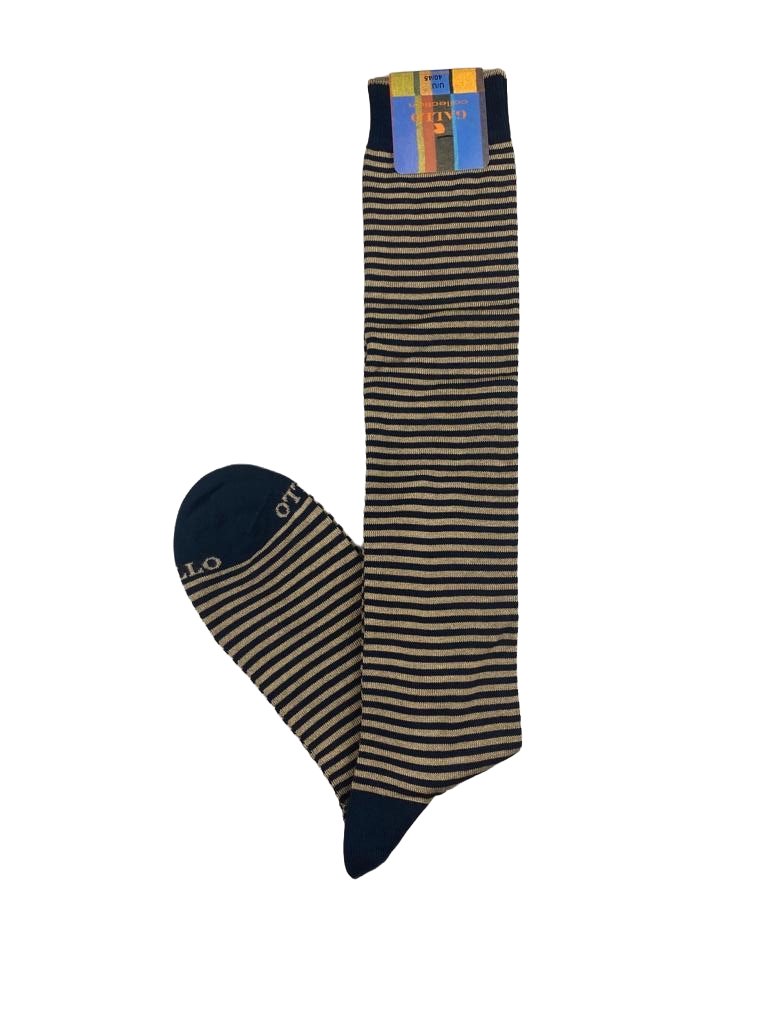 Calze Lunghe Uomo Gallo Righe Bicolore Blu Beige - Cotone 79% Eleganti