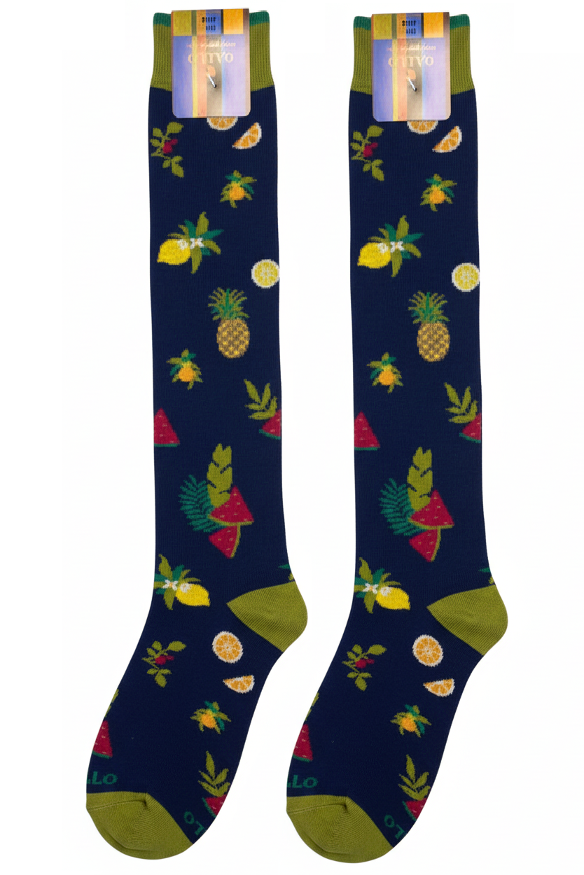 Men's Long Socks - Rooster - Fruit Pattern - Blue/Green