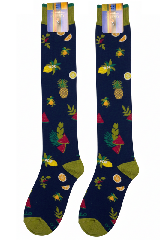 Men's Long Socks - Rooster - Fruit Pattern - Blue/Green