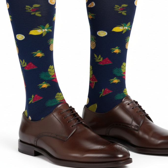 Men's Long Socks - Rooster - Fruit Pattern - Blue/Green