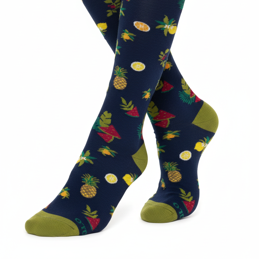 Men's Long Socks - Rooster - Fruit Pattern - Blue/Green