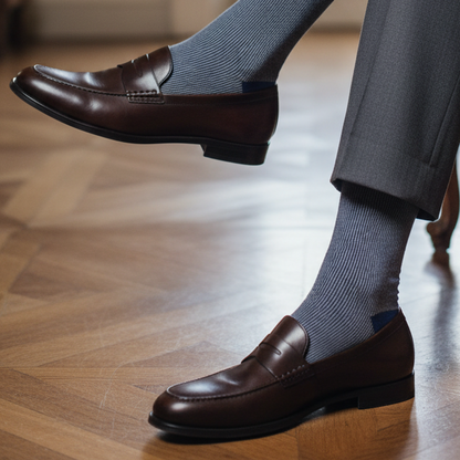 Men's long socks - Gallo - striped - Royal blue/sand