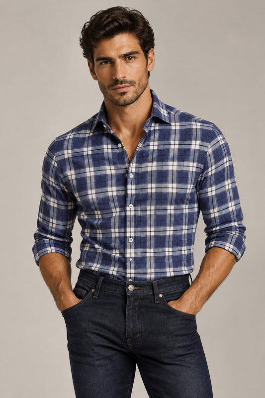 Camicia uomo Brunello Cucinelli a quadri denim e bianco