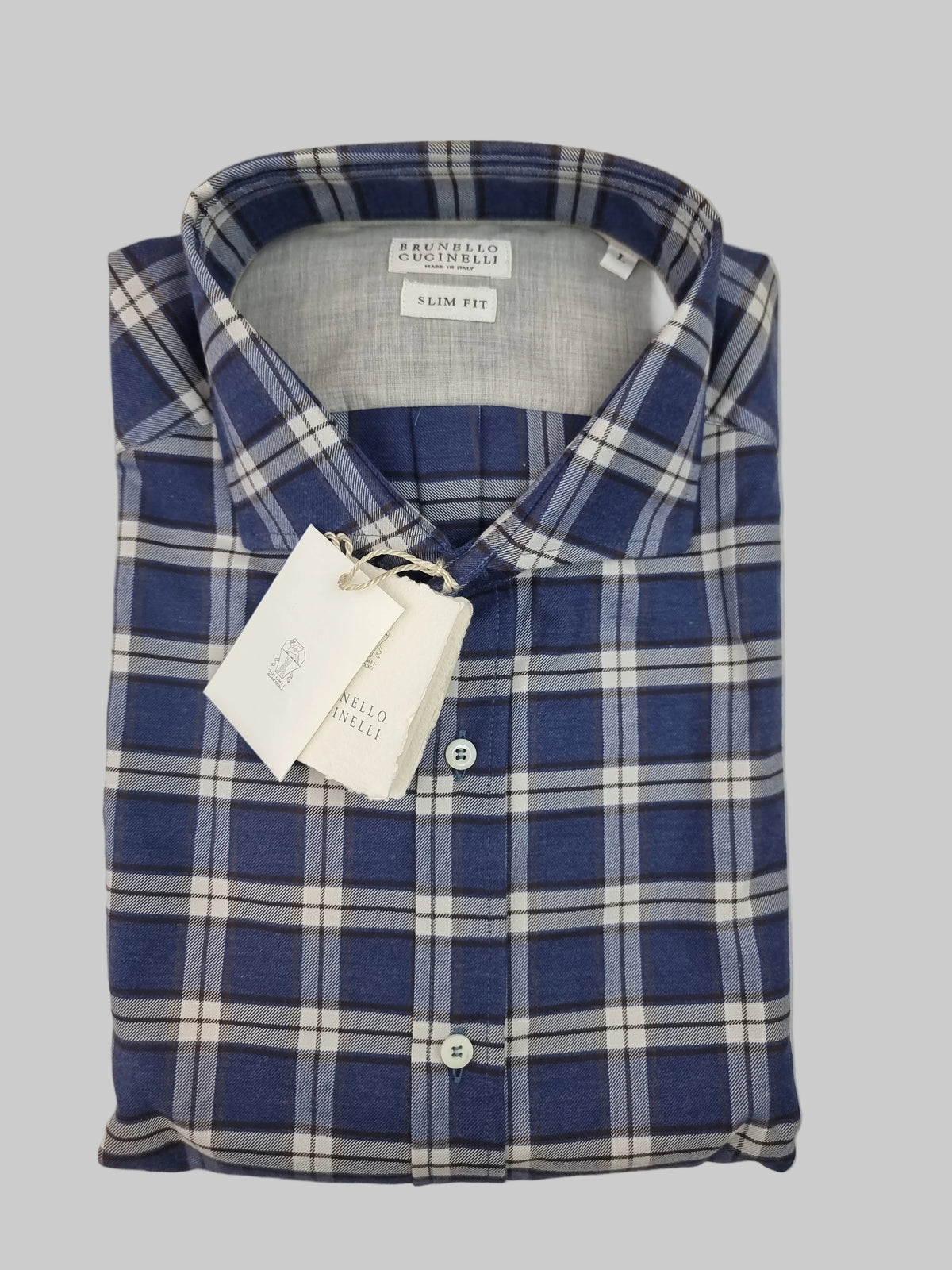 Camicia uomo Brunello Cucinelli a quadri denim e bianco