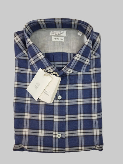Camicia uomo Brunello Cucinelli a quadri denim e bianco