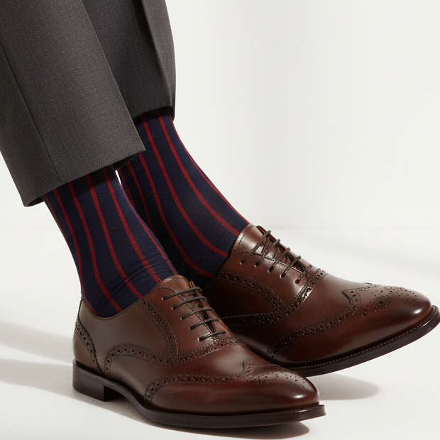 Men's Long Socks - Rooster - Striped Pattern - Ultramarine/Poppy