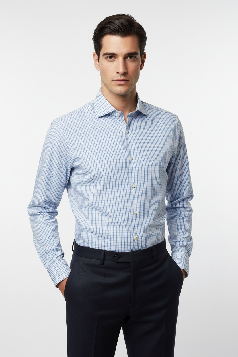 Camicia uomo Borriello - Collo francese - bianco quadretti celesti