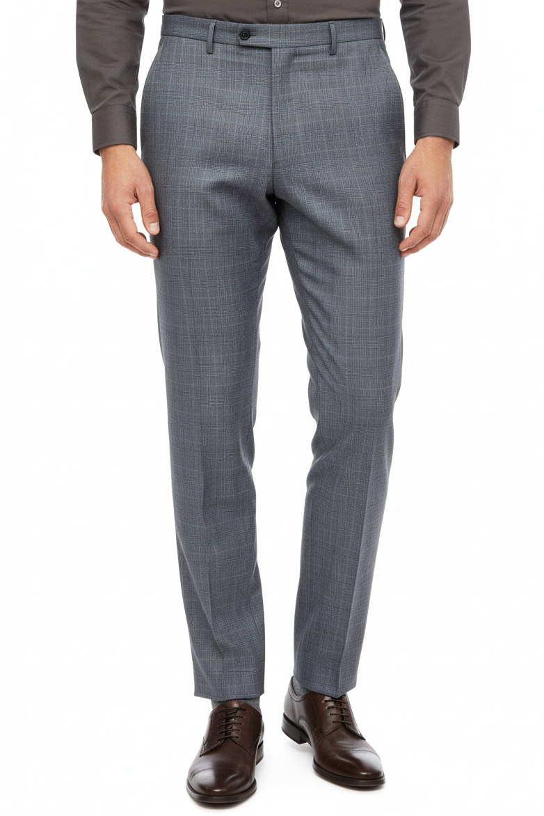 Abito uomo Cantarelli tre bottoni grigio check - vista frontale pantalone - Made in Italy