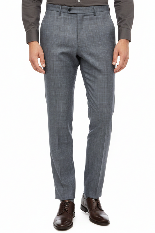 Abito uomo Cantarelli tre bottoni grigio check - vista frontale pantalone - Made in Italy