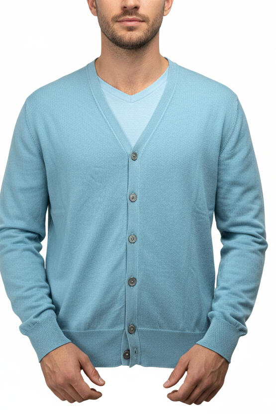 Cardigan uomo La Fileria bottoni azzurro 100% cotone - vista frontale - Made in Italy