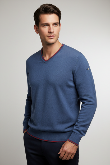 Maglia uomo Johnny Lambs - Scollo a V Lana lambswool Colore Blu