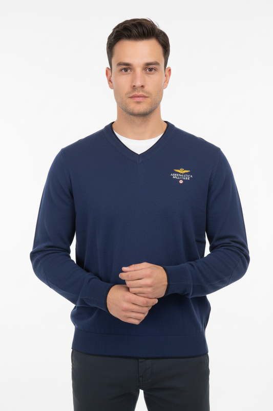 Maglia uomo Aeronautica Militare scollo a V blu scuro toppe in tinta fregio frontale - vista frontale