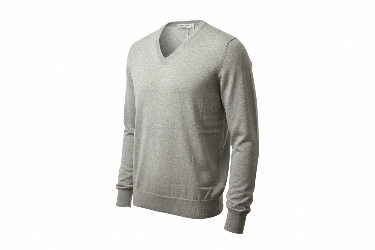 Maglia uomo Gran Sasso scollo a V grigio toppe in contrasto - dettaglio collo - Made in Italy
