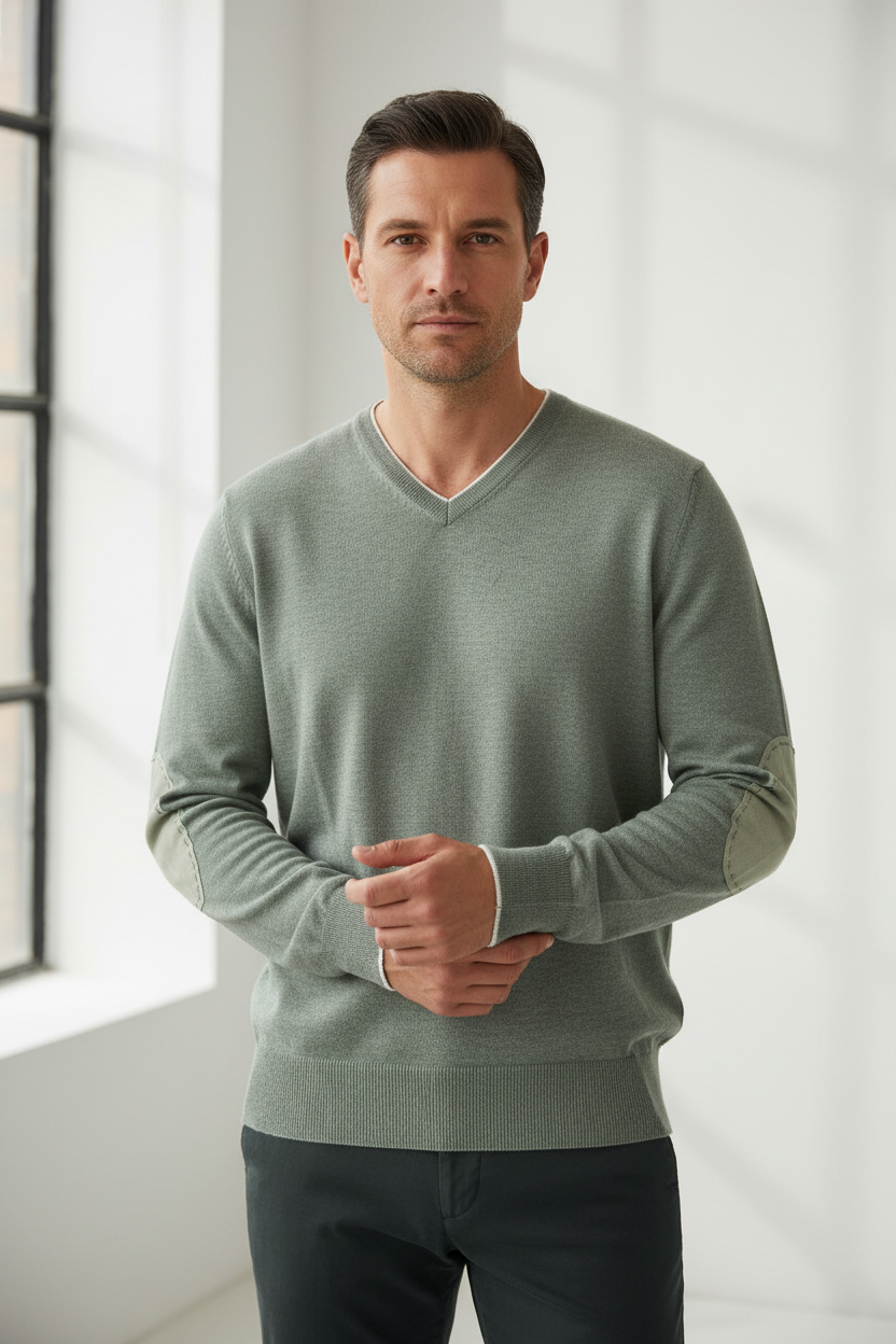 Maglia uomo Gran Sasso scollo a V grigio toppe in contrasto - vista frontale - Made in Italy