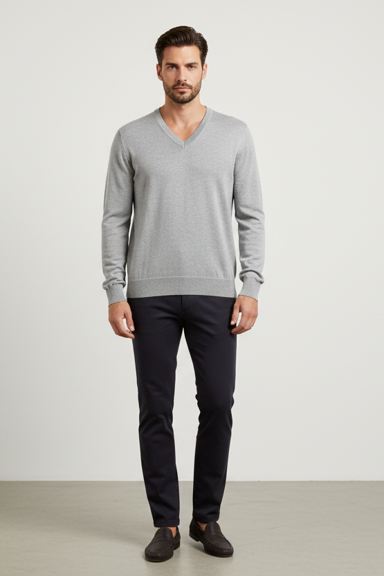 Maglia uomo Gran Sasso scollo a V grigio toppe in contrasto 100% cotone - vista frontale - Made in Italy
