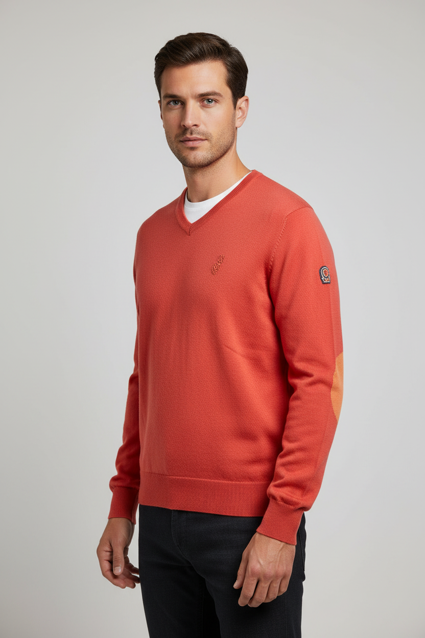 Maglia uomo Invicta scollo a V corallo toppe in contrasto - vista frontale - Made in Italy