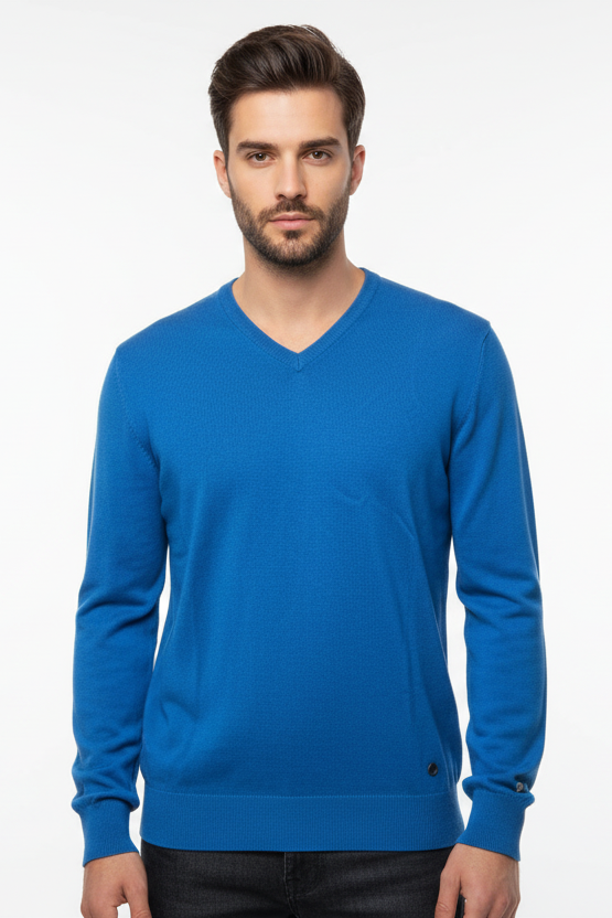 Maglia uomo Laboratori Italiani scollo a V blu royal - vista frontale - Made in Italy