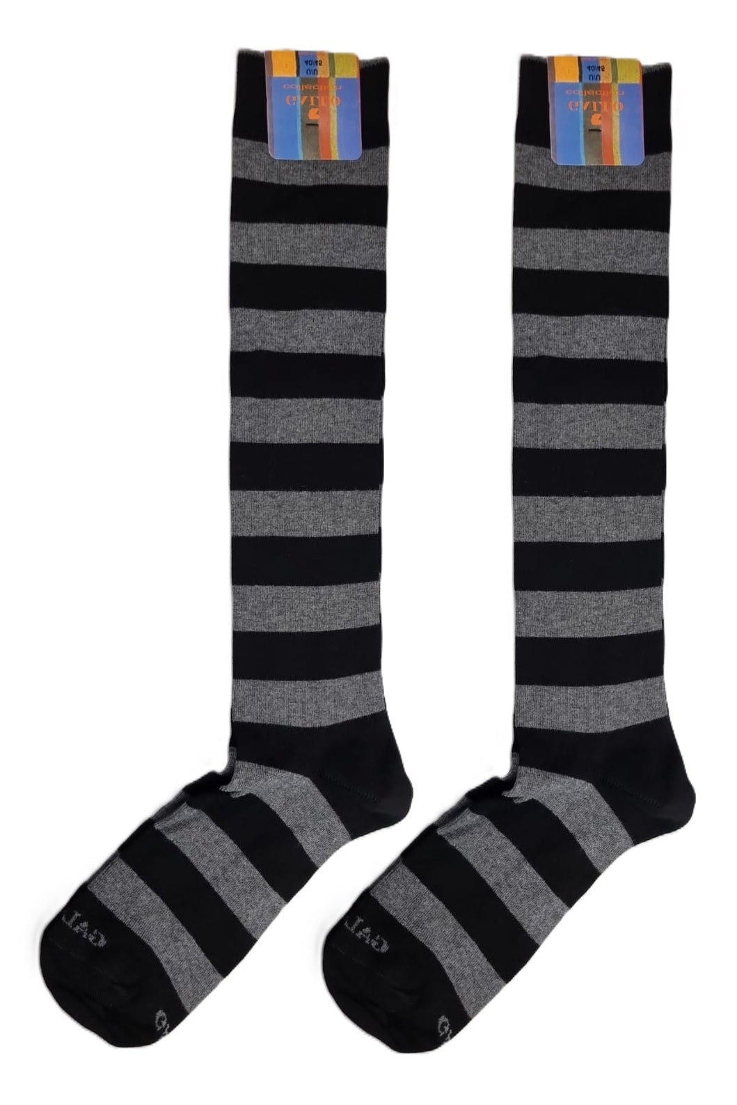 Calze Lunghe Uomo Gallo - Fantasia Strisce Grigio Nero - Cotone Premium Made in Italy