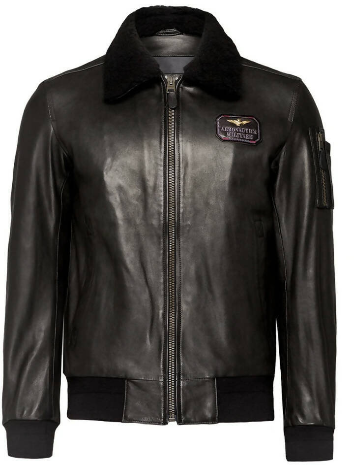 Giubbotto in pelle nero Aeronautica Militare per uomo, giacca di moda con dettagli classici e stile elegante.