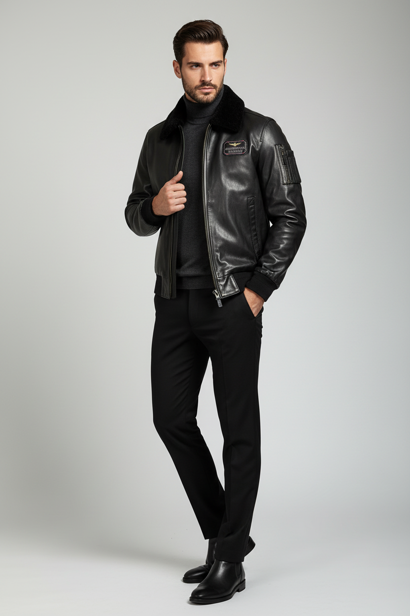 Giubbotto in pelle nero Aeronautica Militare da uomo, stile moda, con dettagli di alta qualità e chiusura frontale.