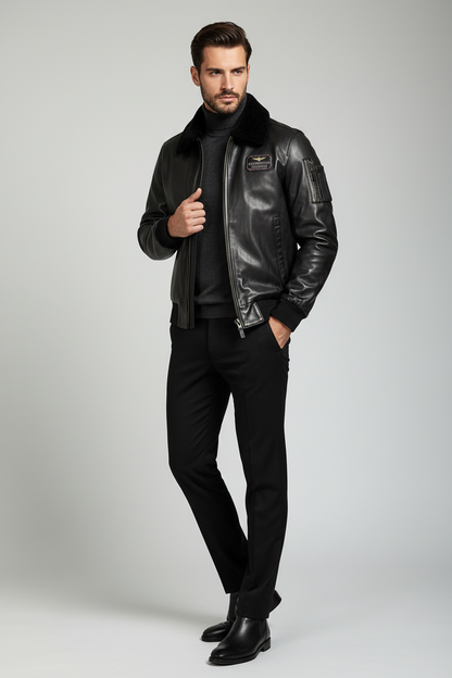 Giubbotto in pelle nero Aeronautica Militare da uomo, stile moda, con dettagli di alta qualità e chiusura frontale.