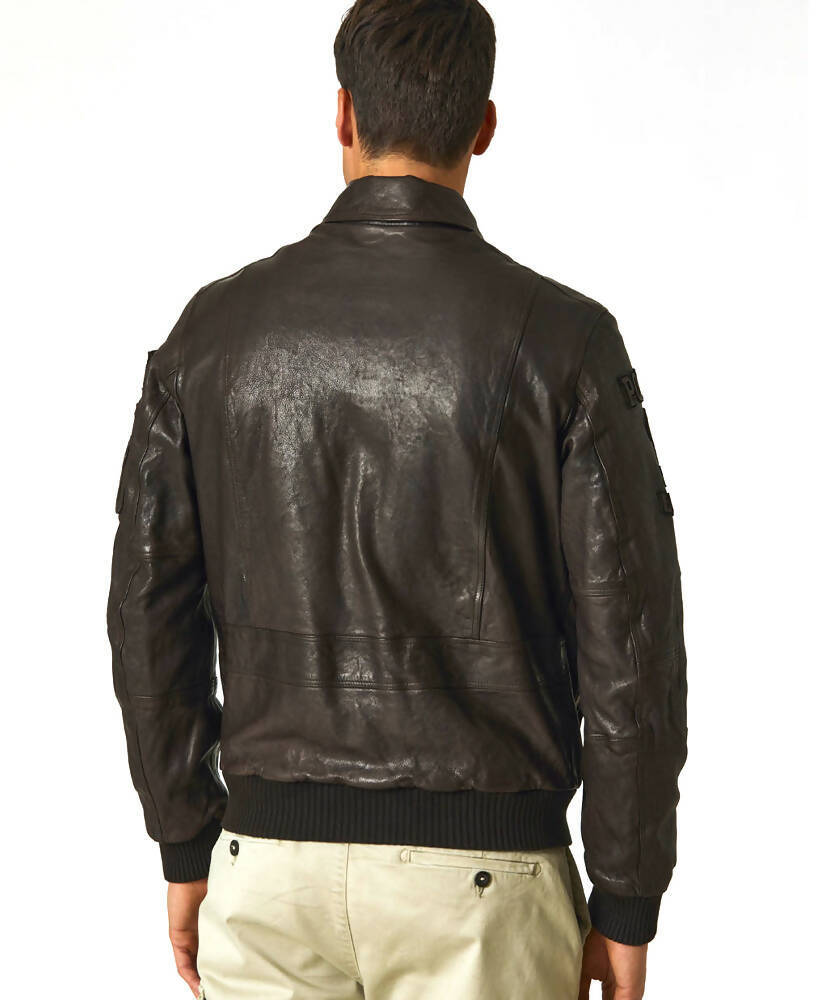 Giubbotto in pelle marrone da uomo Aeronautica Militare, giacca elegante in pelle, moda uomo, abbigliamento giacche e cappotti.