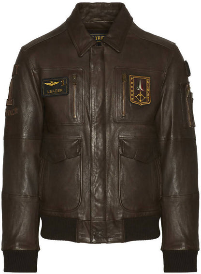 Giubbotto in pelle marrone Aeronautica Militare da uomo, giacca moda in pelle con dettagli classici e stile elegante.