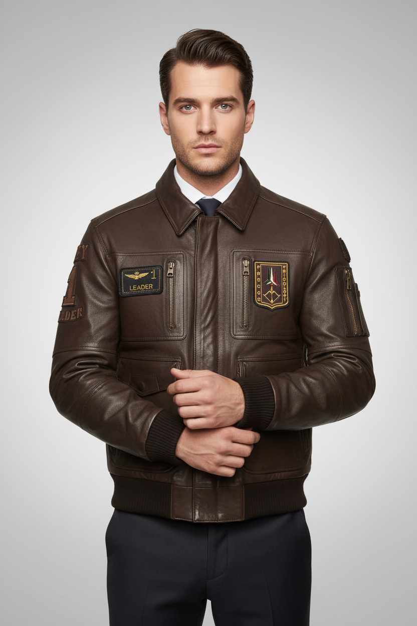 Giubbotto in pelle marrone da uomo Aeronautica Militare, giacca moda con dettagli classici, indossato su sfondo neutro.