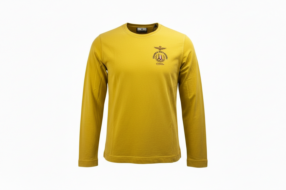 Maglia girocollo uomo Aeronautica Militare gialla, 100% cotone, made in Italy, abbigliamento moda uomo, dettaglio tessuto.