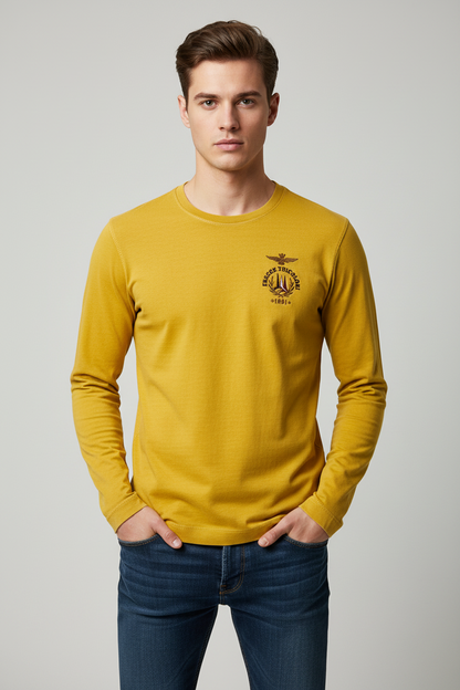 Maglia girocollo uomo Aeronautica Militare in cotone giallo senape, made in Italy, abbigliamento moda uomo.