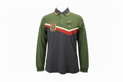 Polo uomo Aeronautica Militare a maniche lunghe in verde militare, tessuto casual e stile elegante.