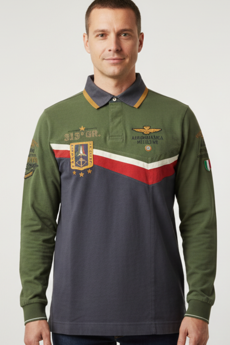 Polo uomo Aeronautica Militare a maniche lunghe in verde militare, casual e comoda, tessuto morbido e stile elegante.