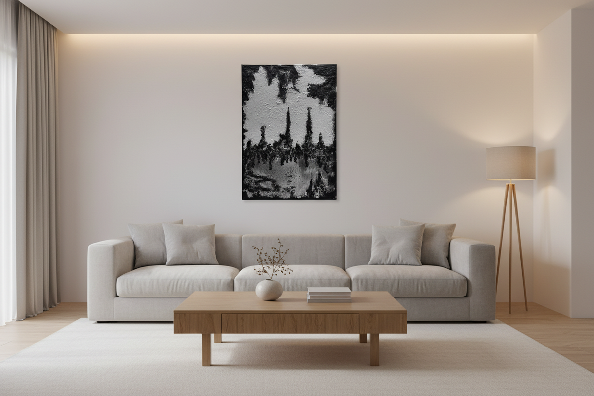 Quadro astratto Inchinisadu di AlbarosAtzeni, dipinto acrilico materico su tela 50x70 cm, arte moderna colorata.